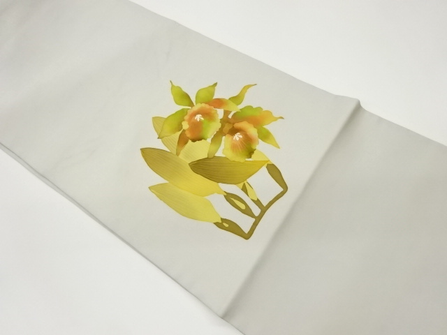 塩瀬手描き花に蕾模様名古屋帯（松葉仕立て）